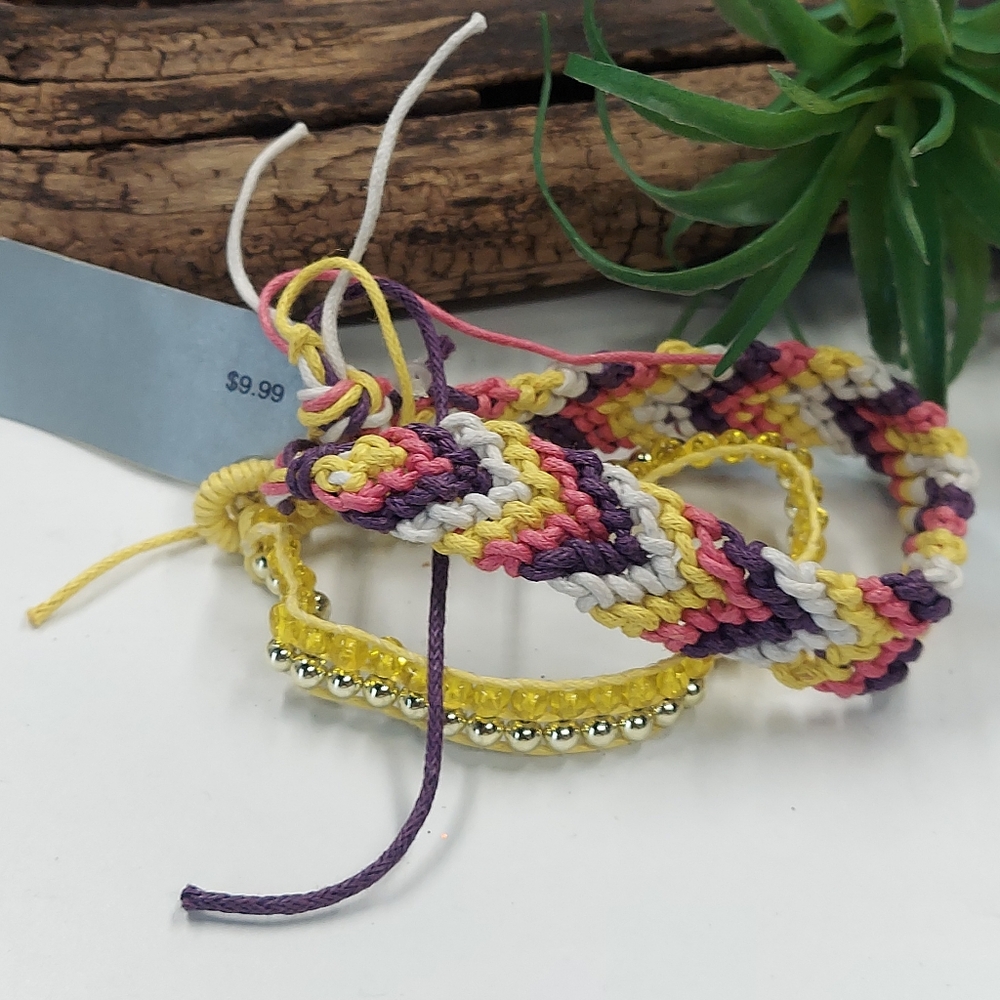 B0051 Yellow Pink Purp White Chevron Set of 2 Friendship Style Braided Bracelets